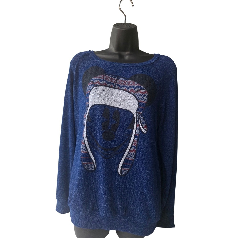 Disney Parks Mickey Mouse Winter Hat Blue Knit Pullover Sweater Women Large